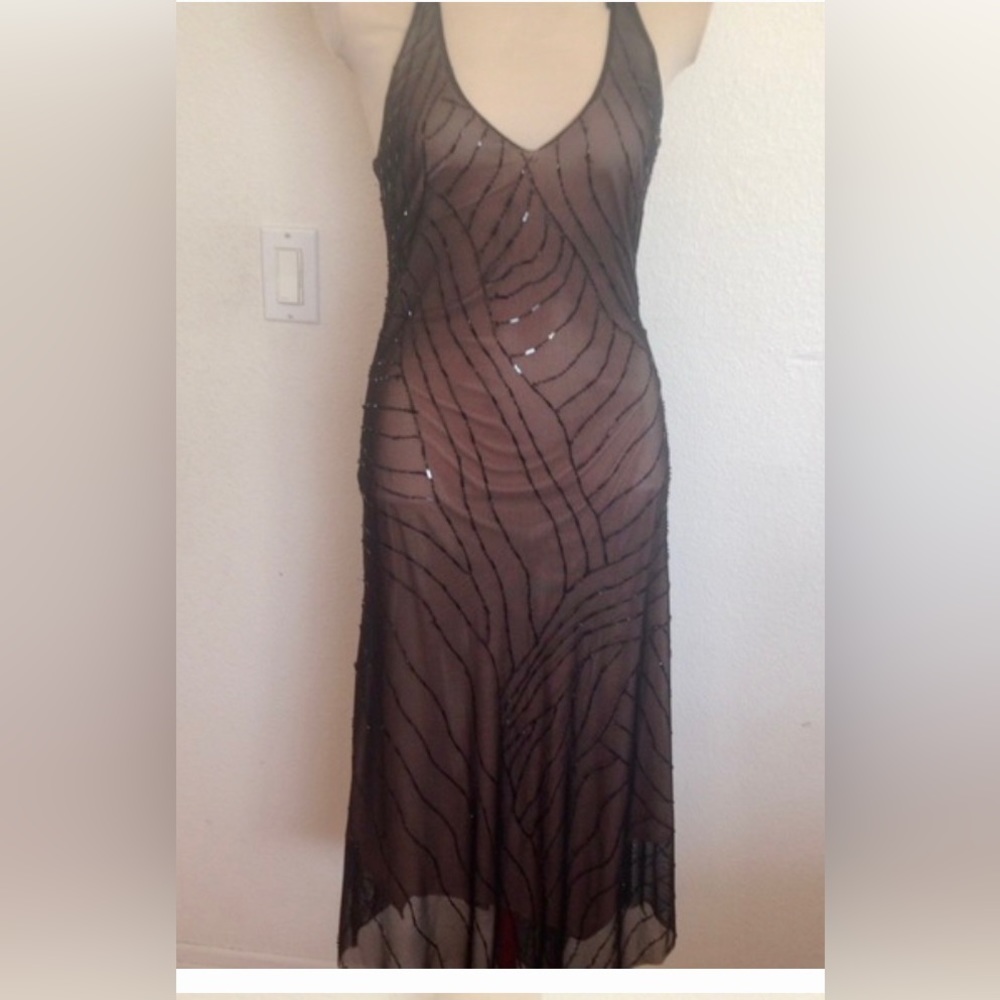 BCBGMaxazria Sequin Halter-Neck Black Dress Sz XSmall